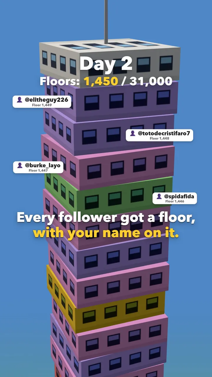 Tower to Space Day 2: floors with followers' names
